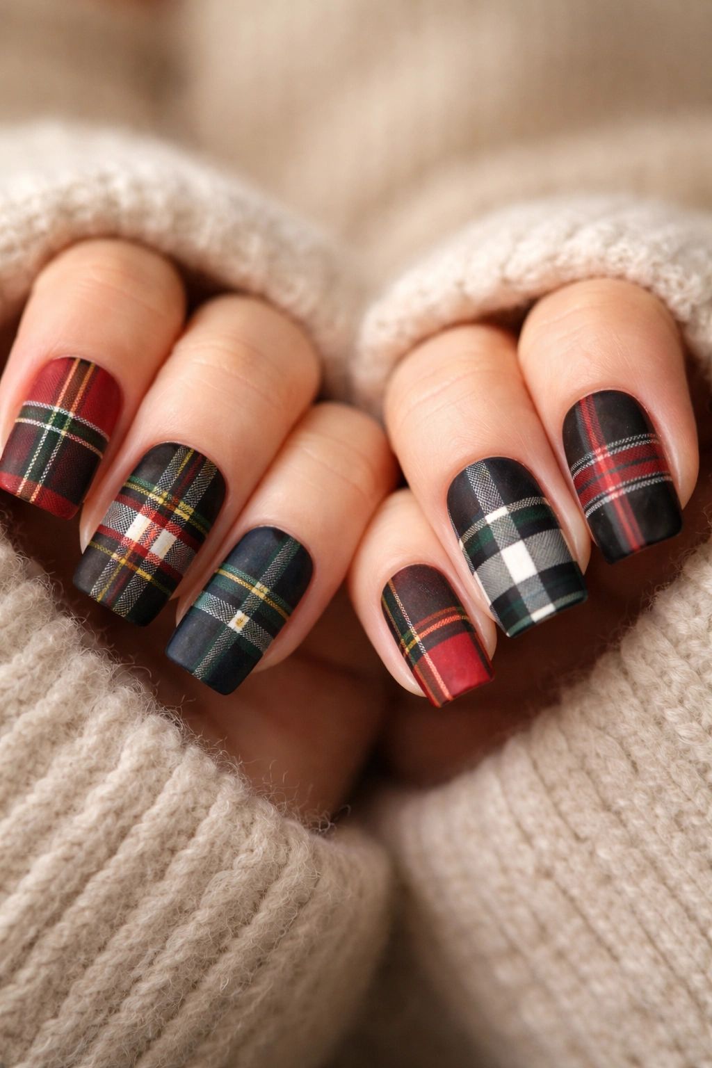 Close-up of nails with plaid patterns in red, green, navy and white on a neutral background