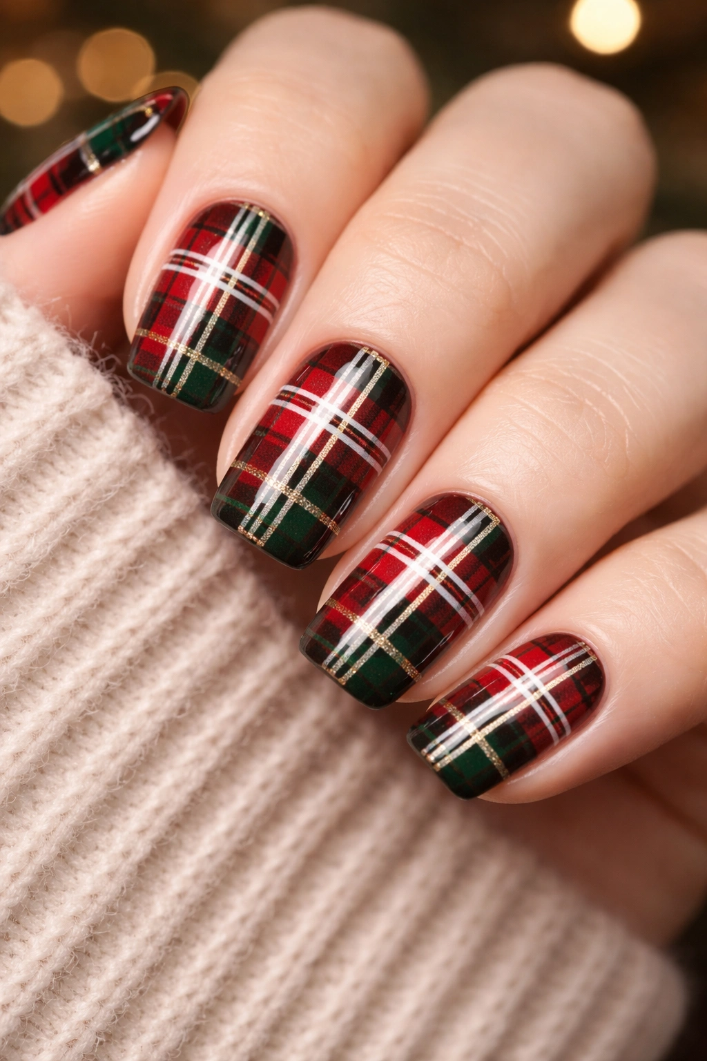 Close-up of plaid pattern nails in red and green with white cross-stripes