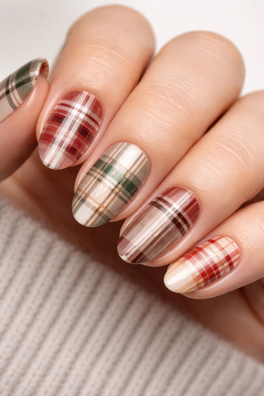 Close-up of plaid-patterned nails on a neutral background