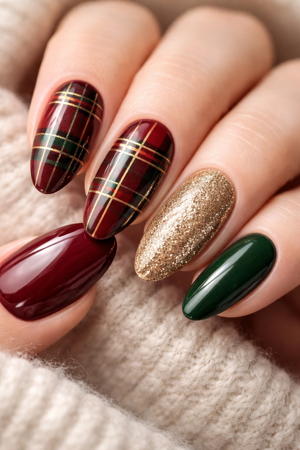 Close-up of plaid nails in red green black with gold accents