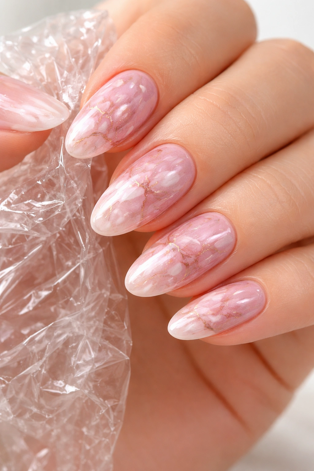 Close-up of plastic-wrap marble nails showing irregular marble patterns
