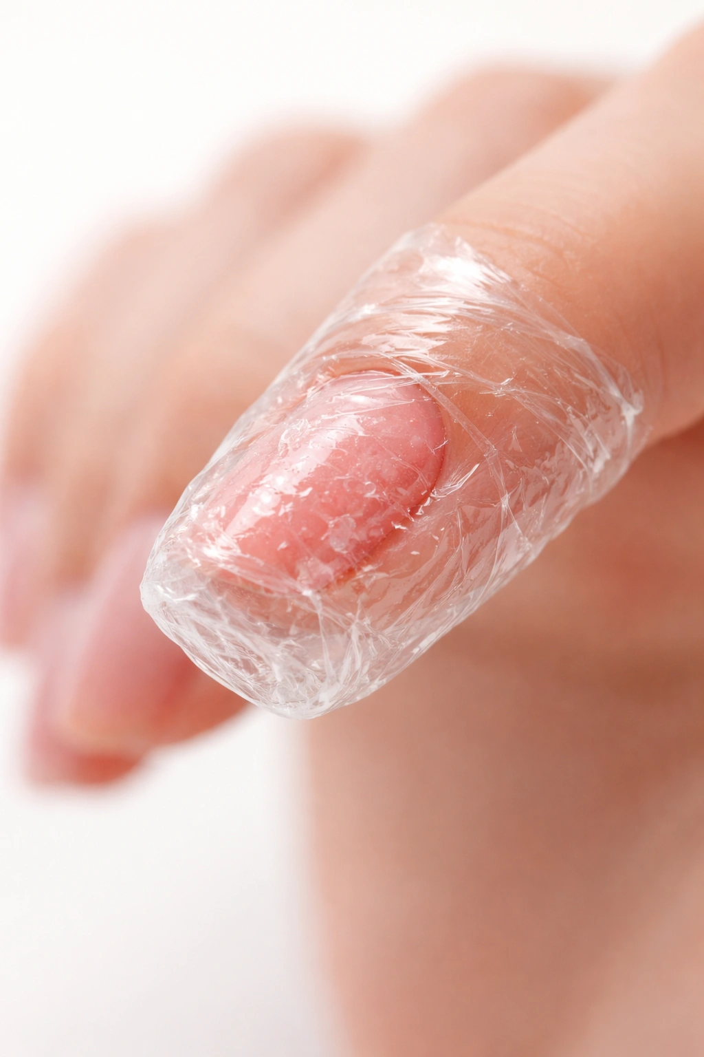 Finger wrapped in clear plastic wrap sealing the nail