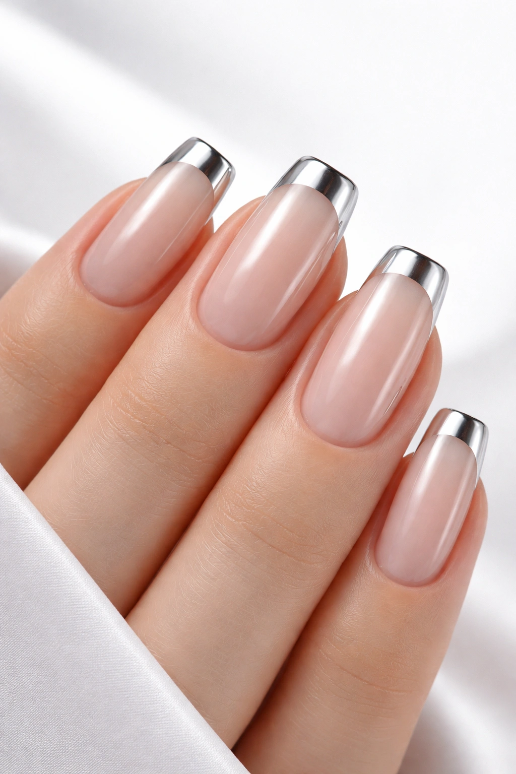 Nude-clear base nails with platinum chrome tips on squoval nails.