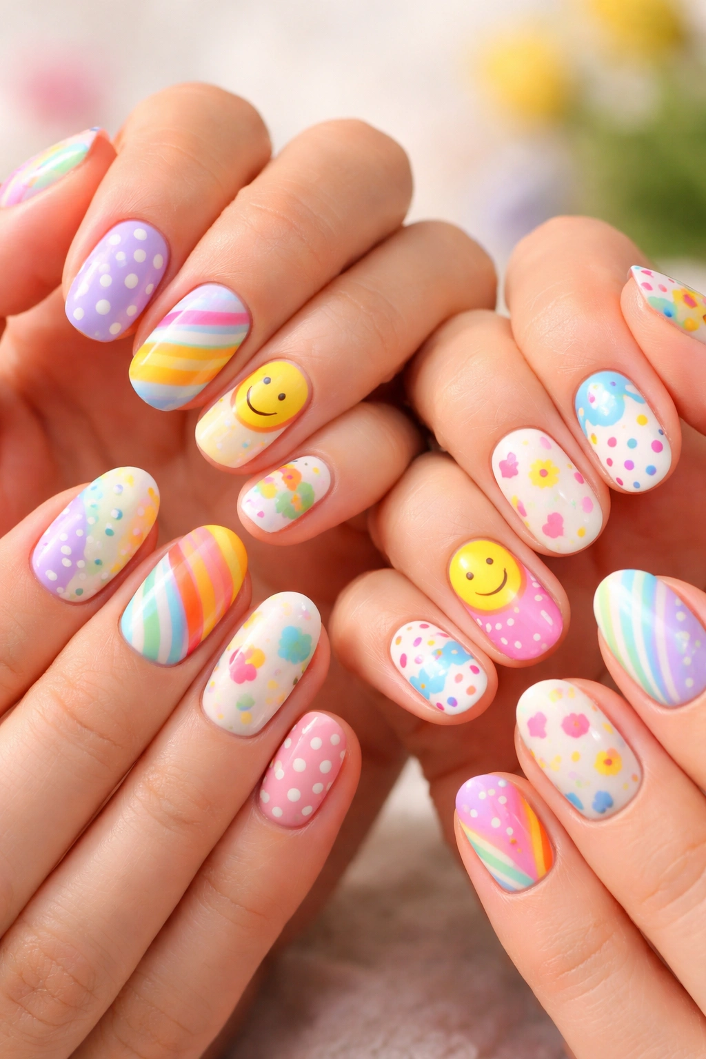 Close-up of hands with bright playful nail art patterns