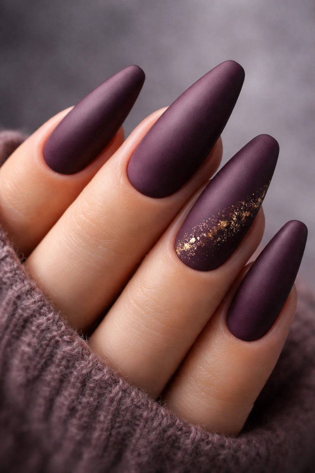 Close-up of deep plum acrylic nails with rich purple-brown shade