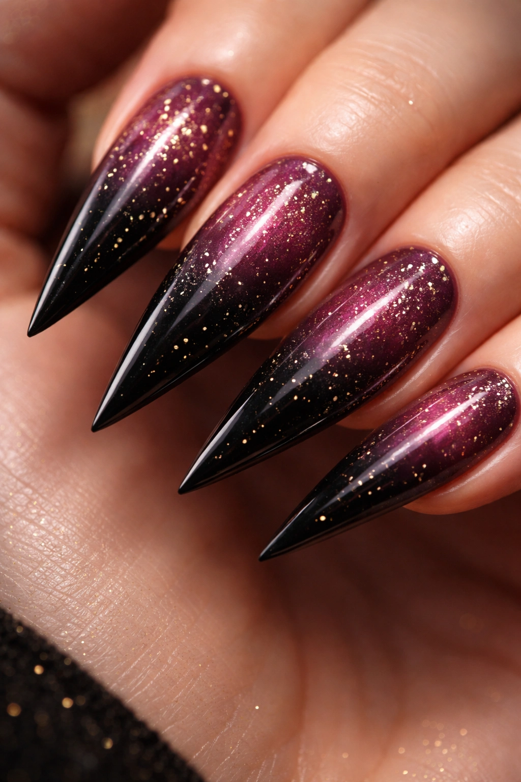 Moody plum to black aura nails with gold specks on stiletto shape