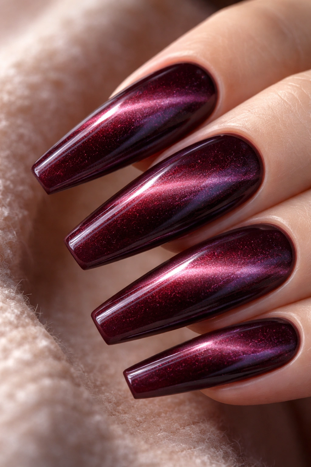 Plum-burgundy cat-eye nail with velvet shimmer