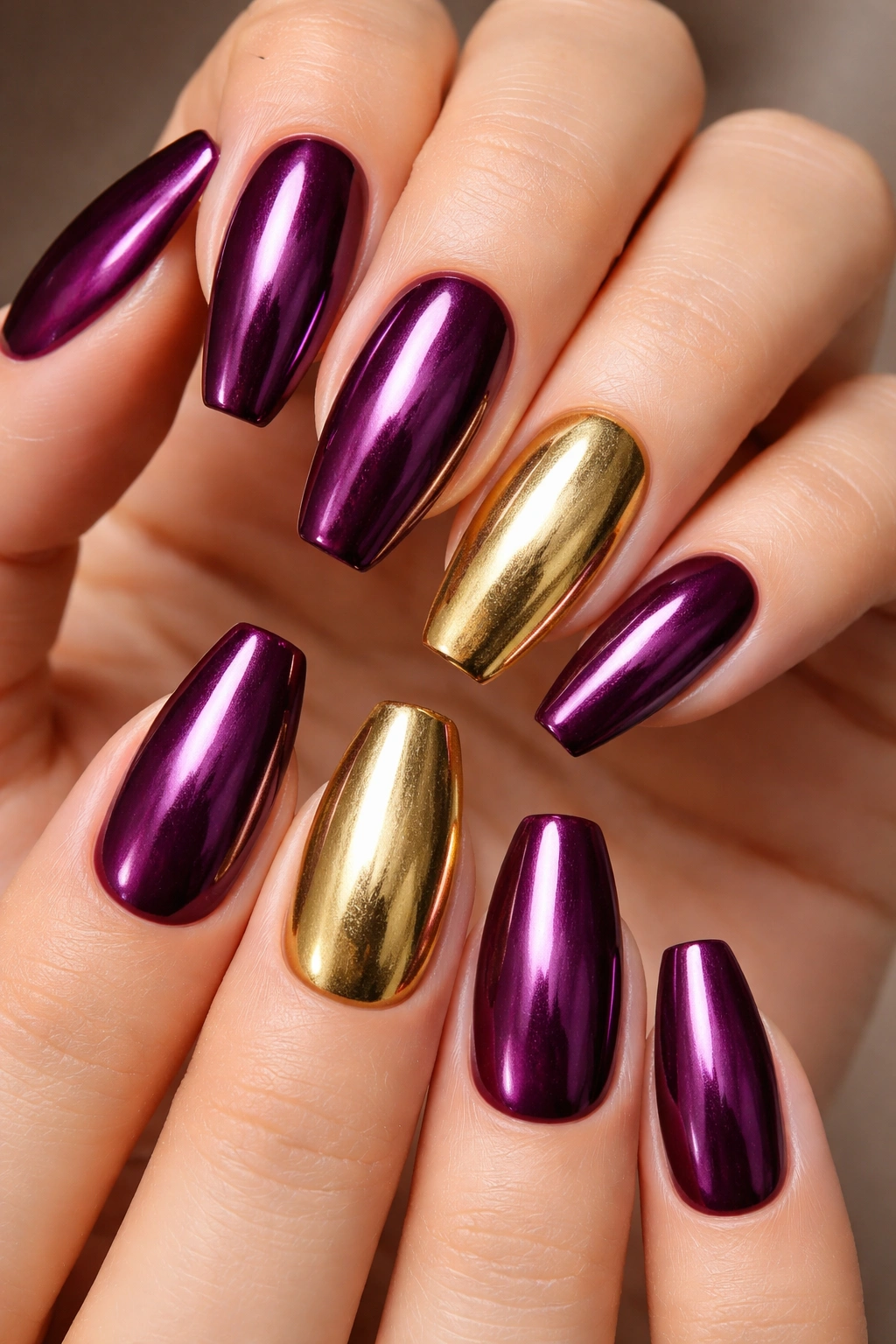 Plum chrome nails with gold accents on one or two nails for warm metallic contrast