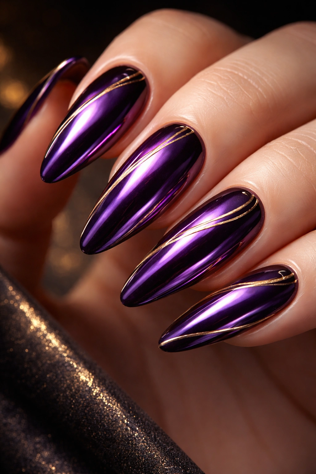 Deep plum chrome nails with gold accents under studio lighting