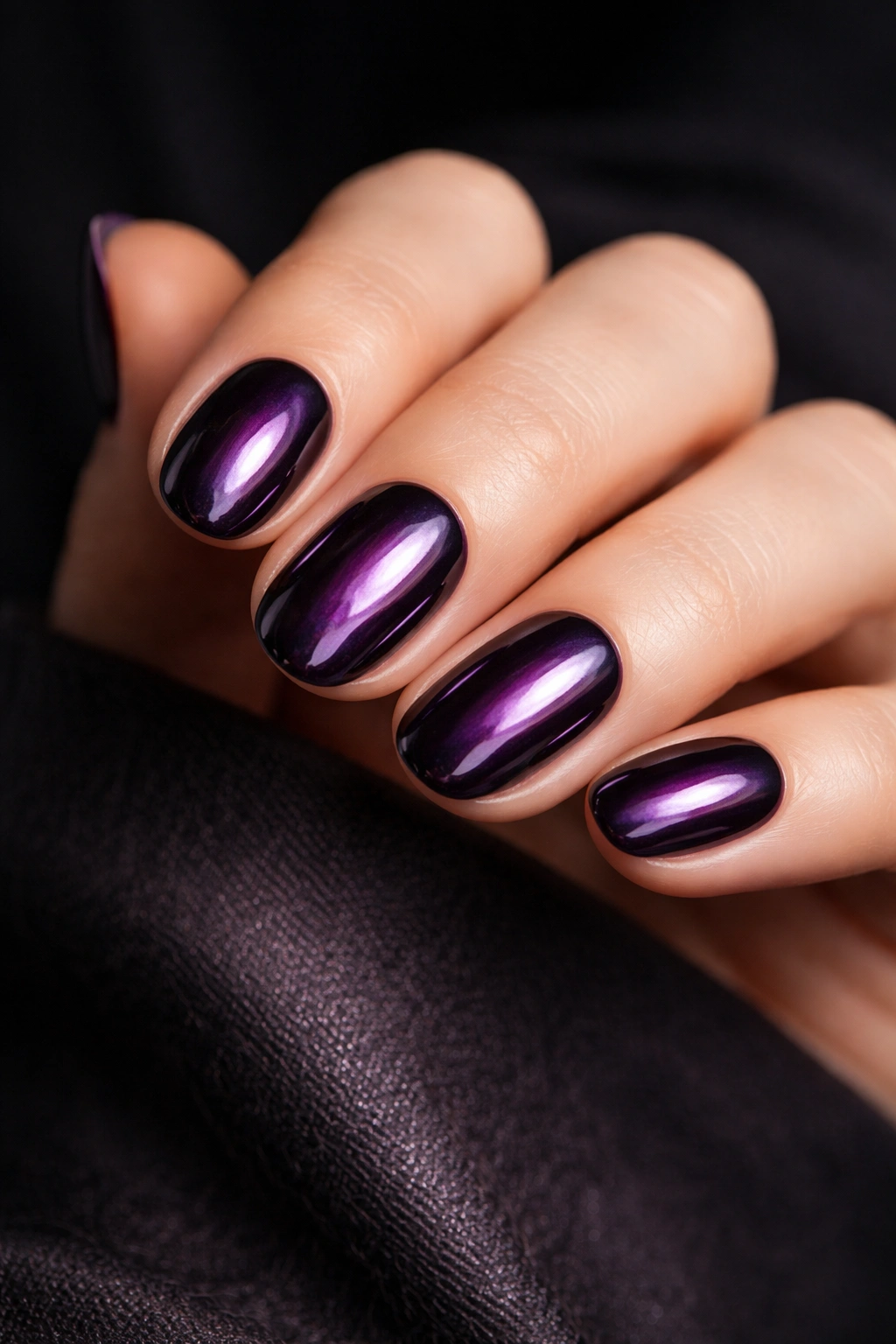 Close-up of short oval nails in midnight plum chrome with a reflective finish