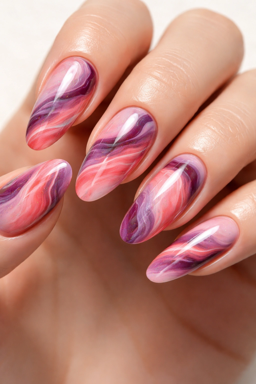 Marble nails in plum and coral pink swirls