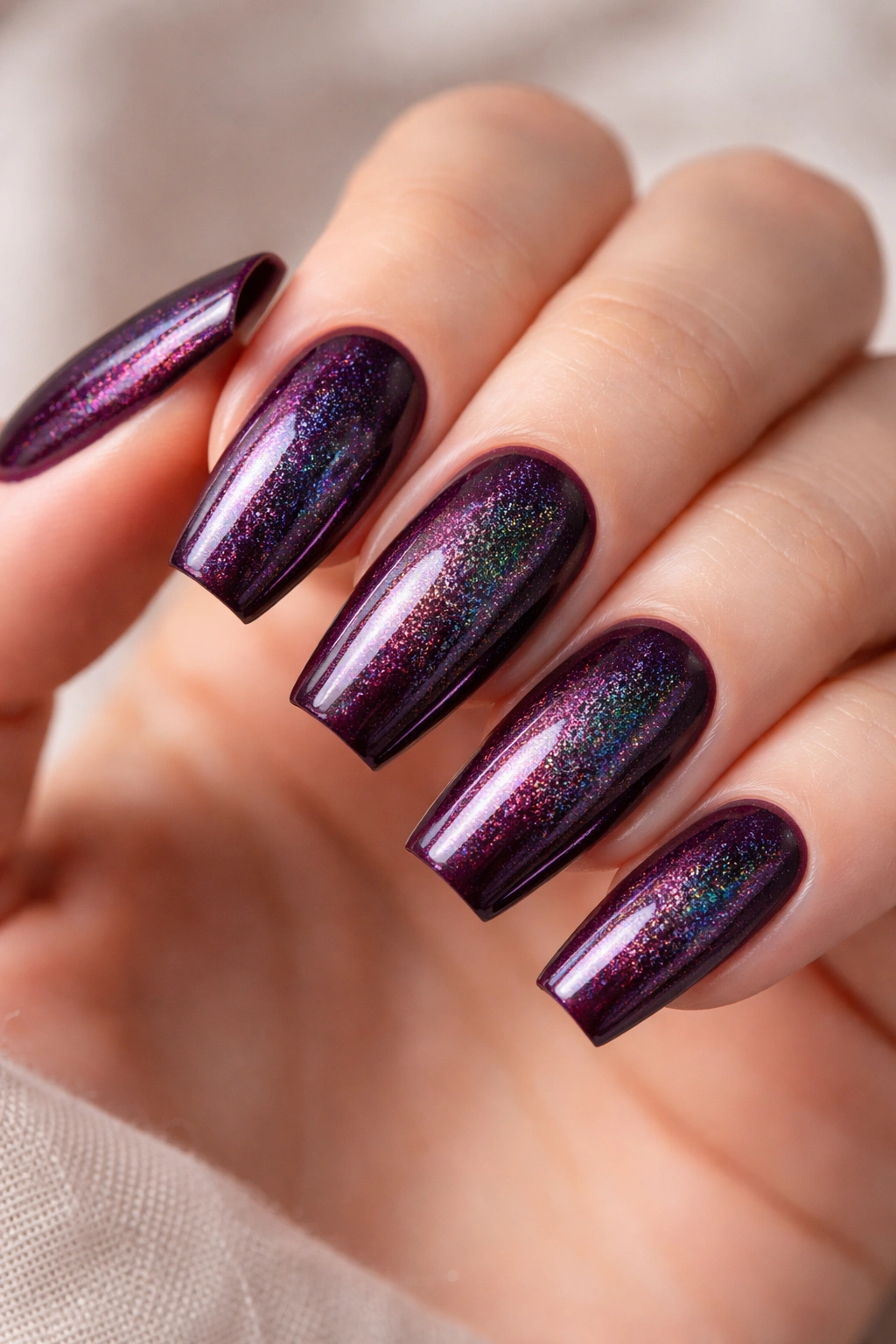 Deep plum coffin nails with holographic shimmer