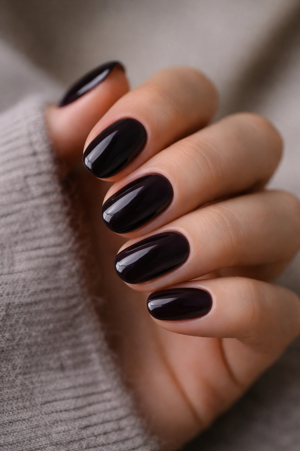 Close-up of short oval nails in plum color that appears nearly black