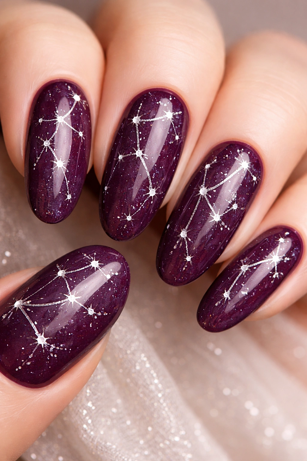 Close-up of deep plum nails with delicate silver constellation designs on long oval shapes