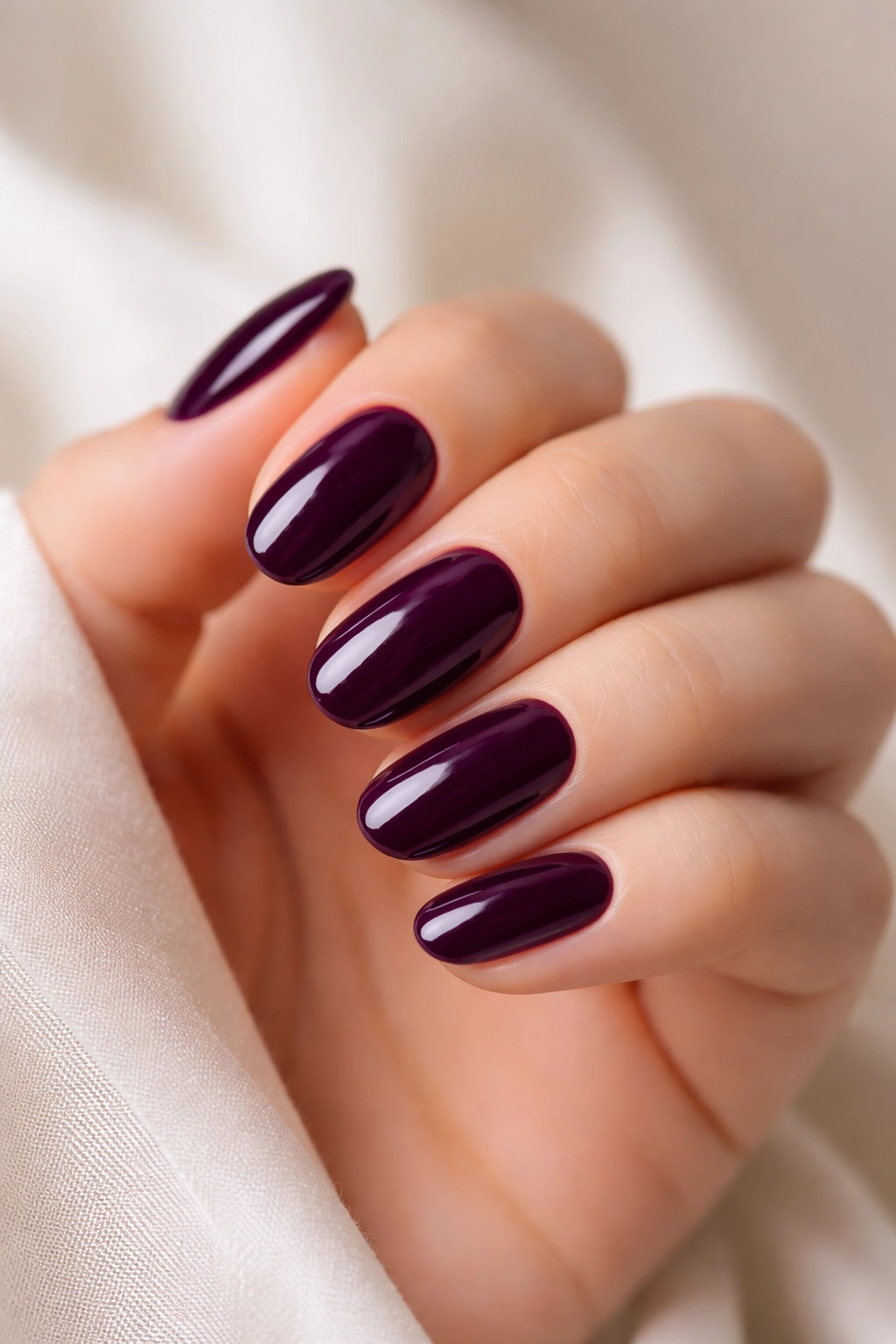 Close-up of short oval nails in deep plum with glossy top coat