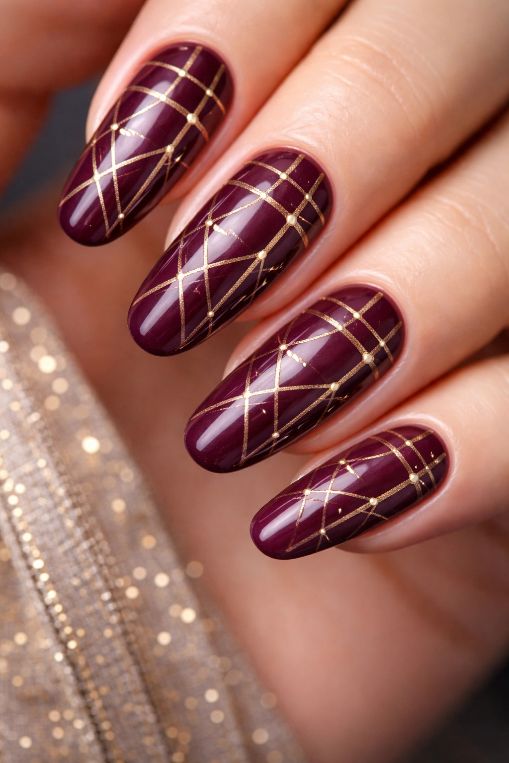 Close-up of deep plum long round acrylic nails with gold geometric grid