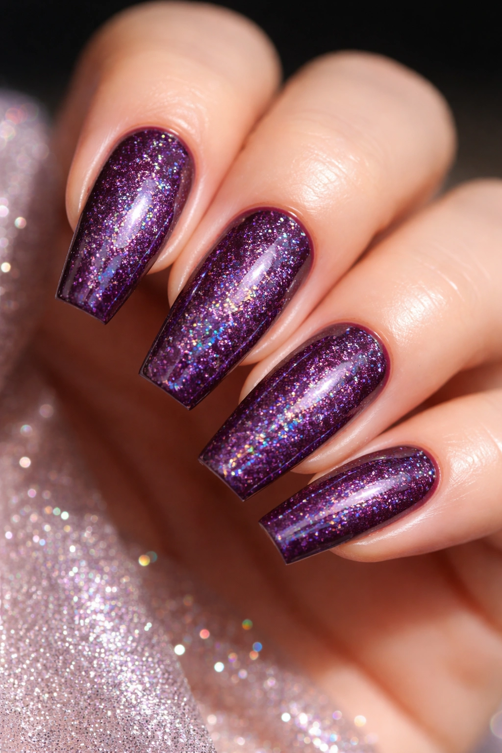 Close-up of rich plum coffin nails with holographic sparkle