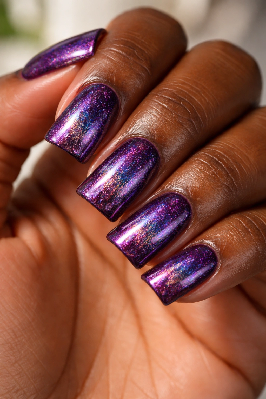 Deep plum nails with holographic shimmer on dark skin