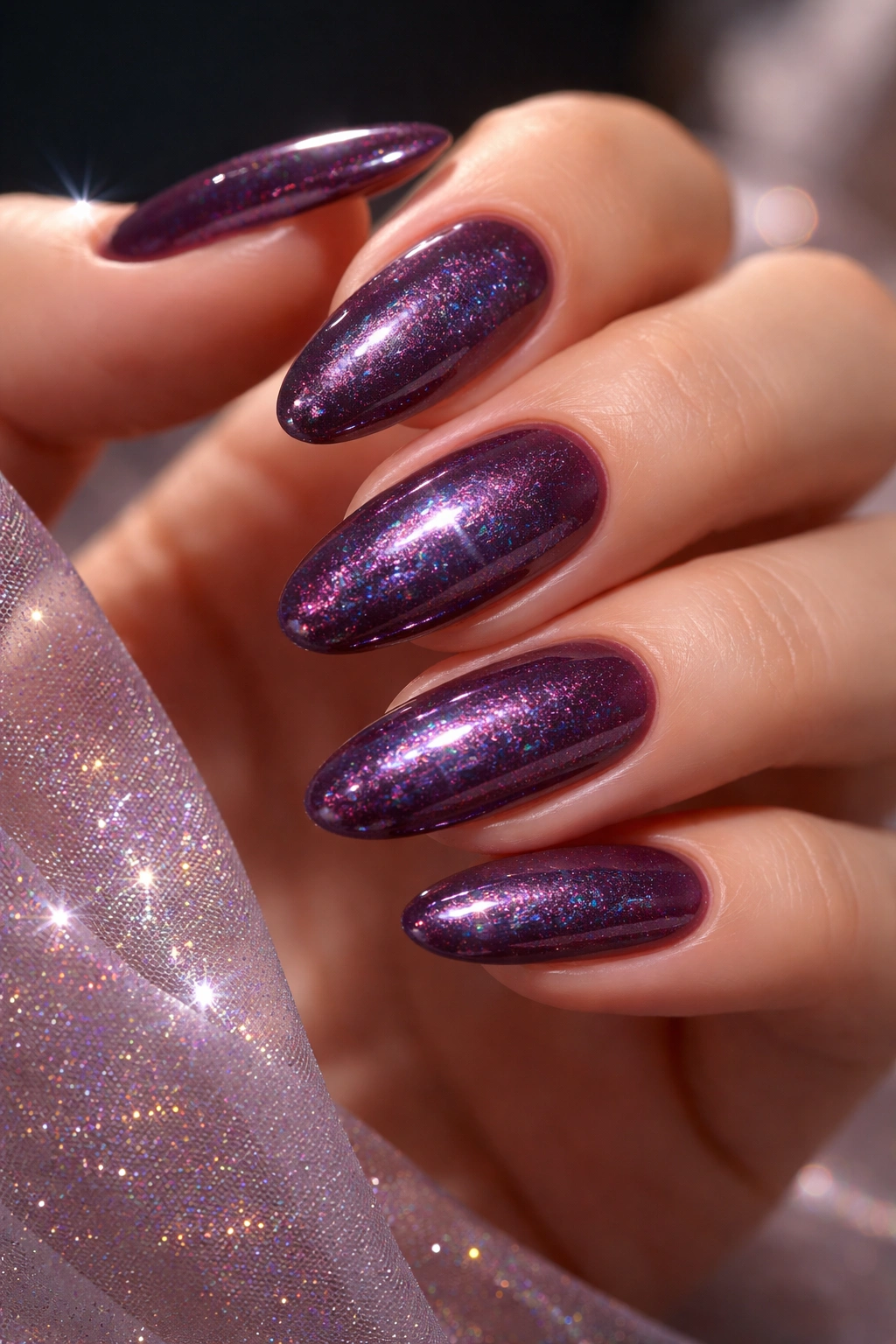 Close-up of deep plum nails with holographic top coat shimmering in bright light
