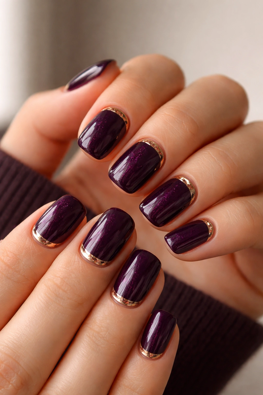 Close-up of deep plum squoval nails with subtle metallic accents
