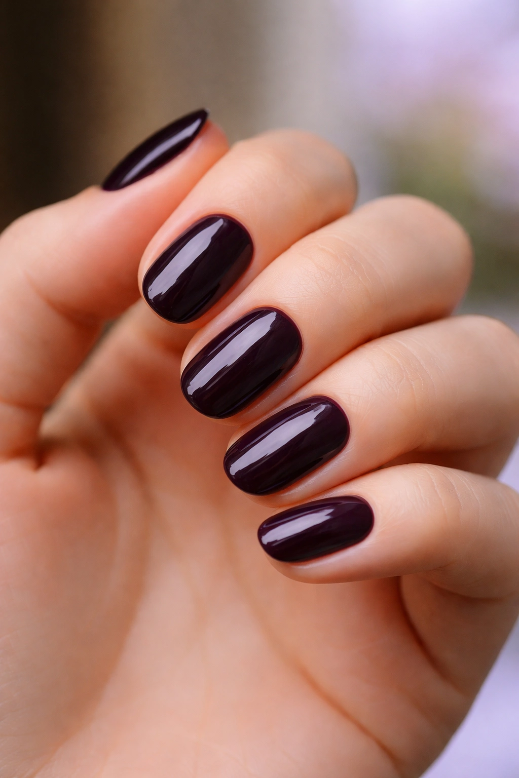 Close-up of deep plum short oval nails on hand with neutral backdrop