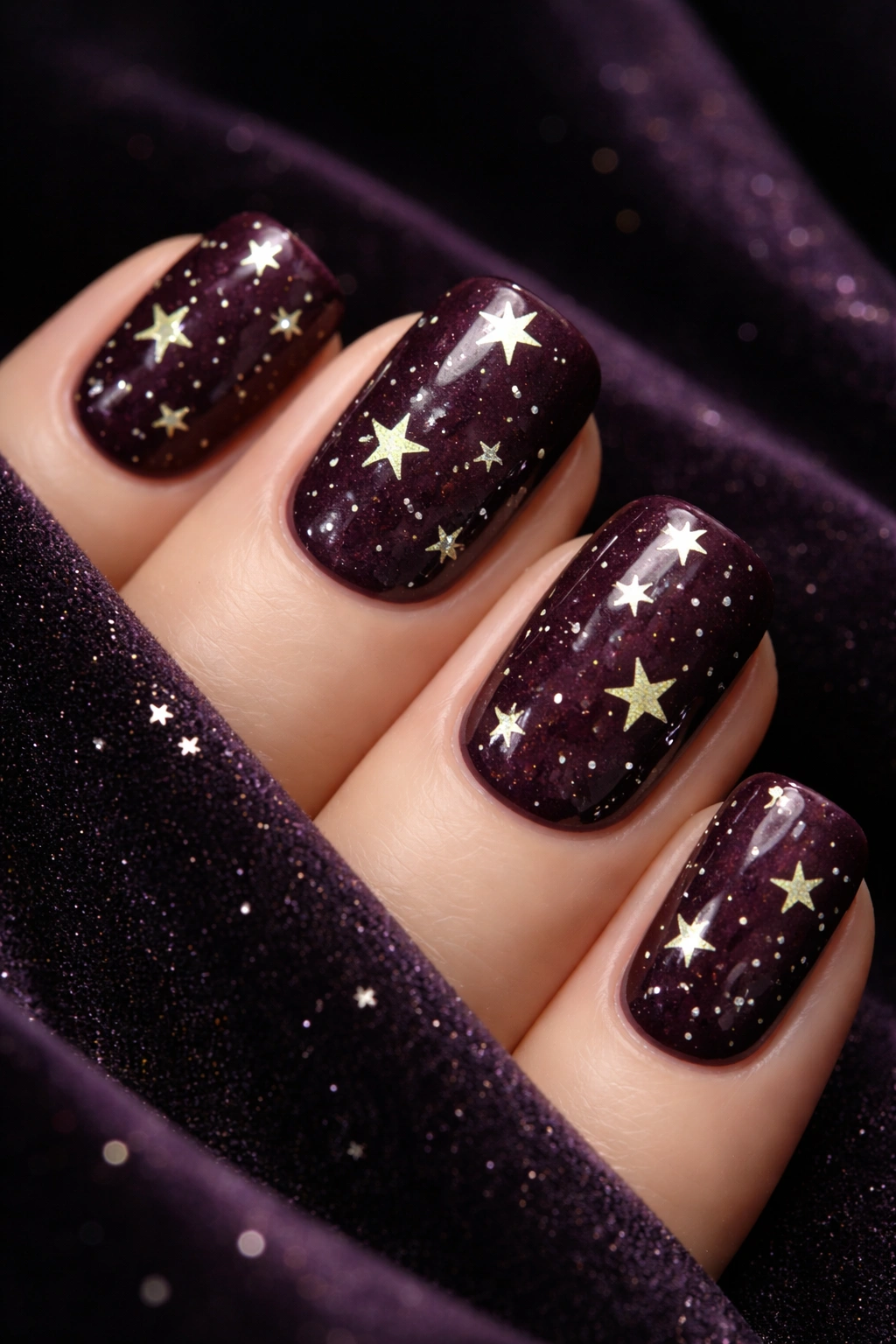Close-up of deep plum nails with scattered metallic stars
