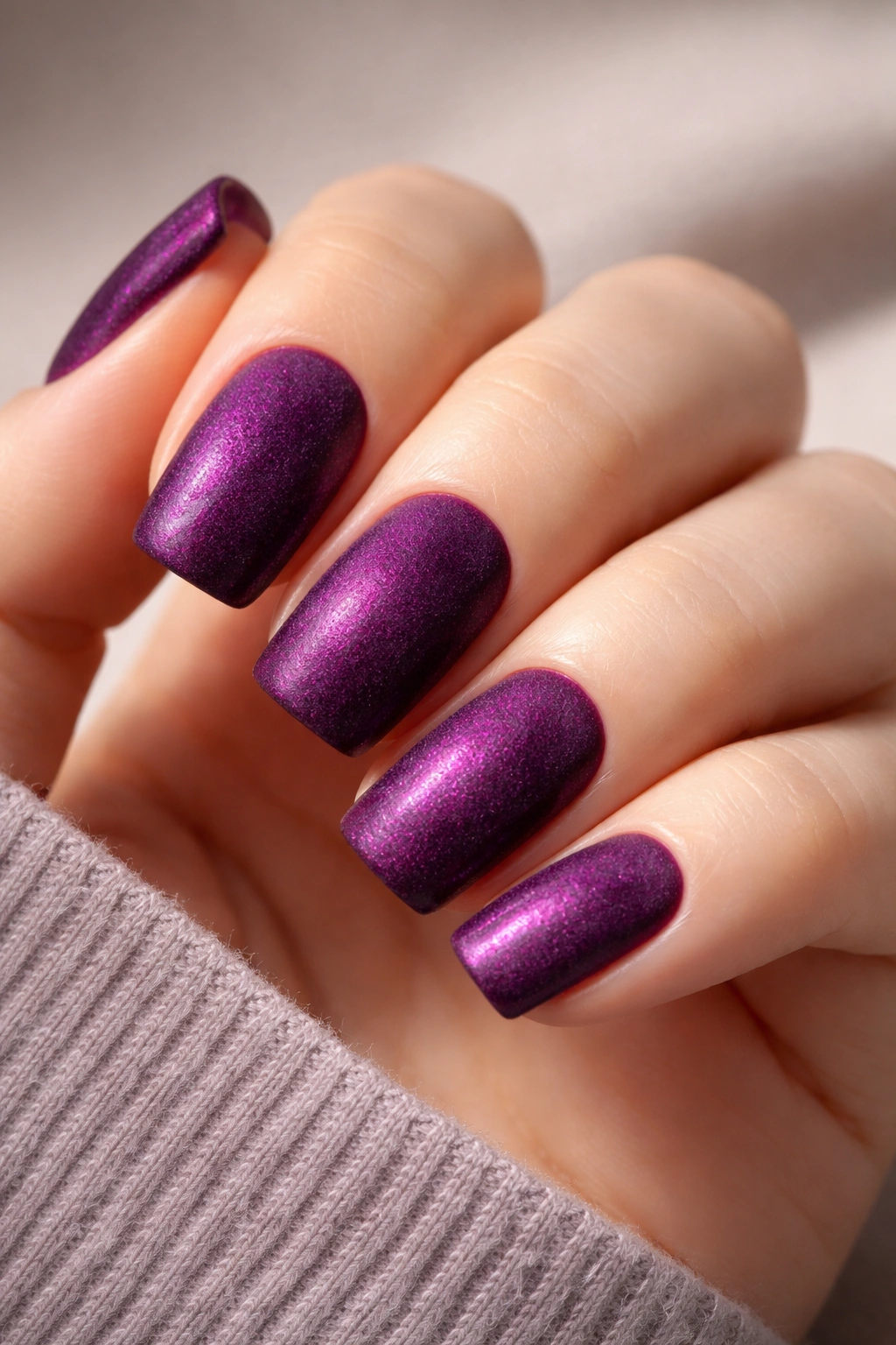 Plum purple nails with velvet finish and soft tactile texture