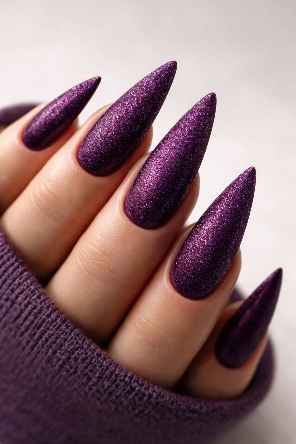 Plum purple stiletto nails with textured top coat