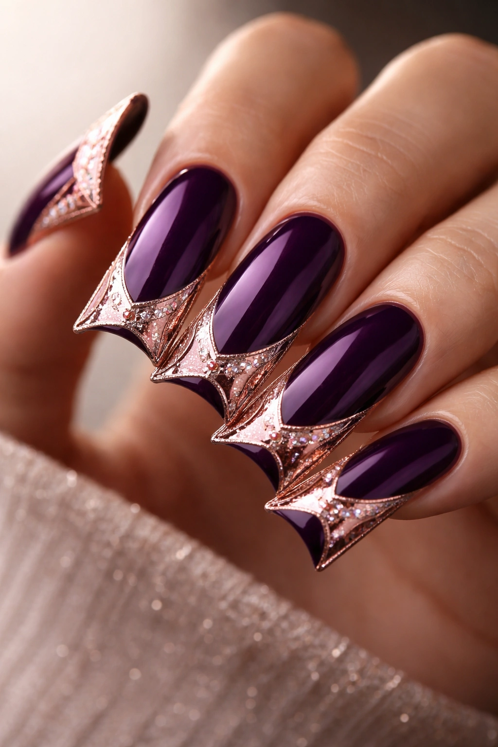 Close-up of a duck nail in deep plum with rose gold details