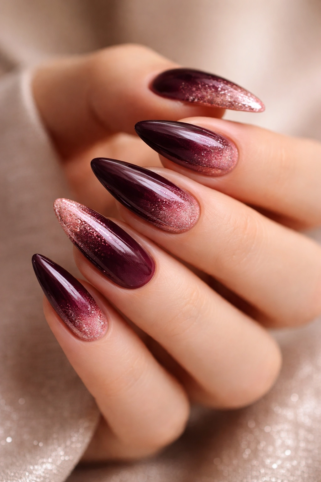 Close-up of deep plum to rose gold fade on medium stiletto nails