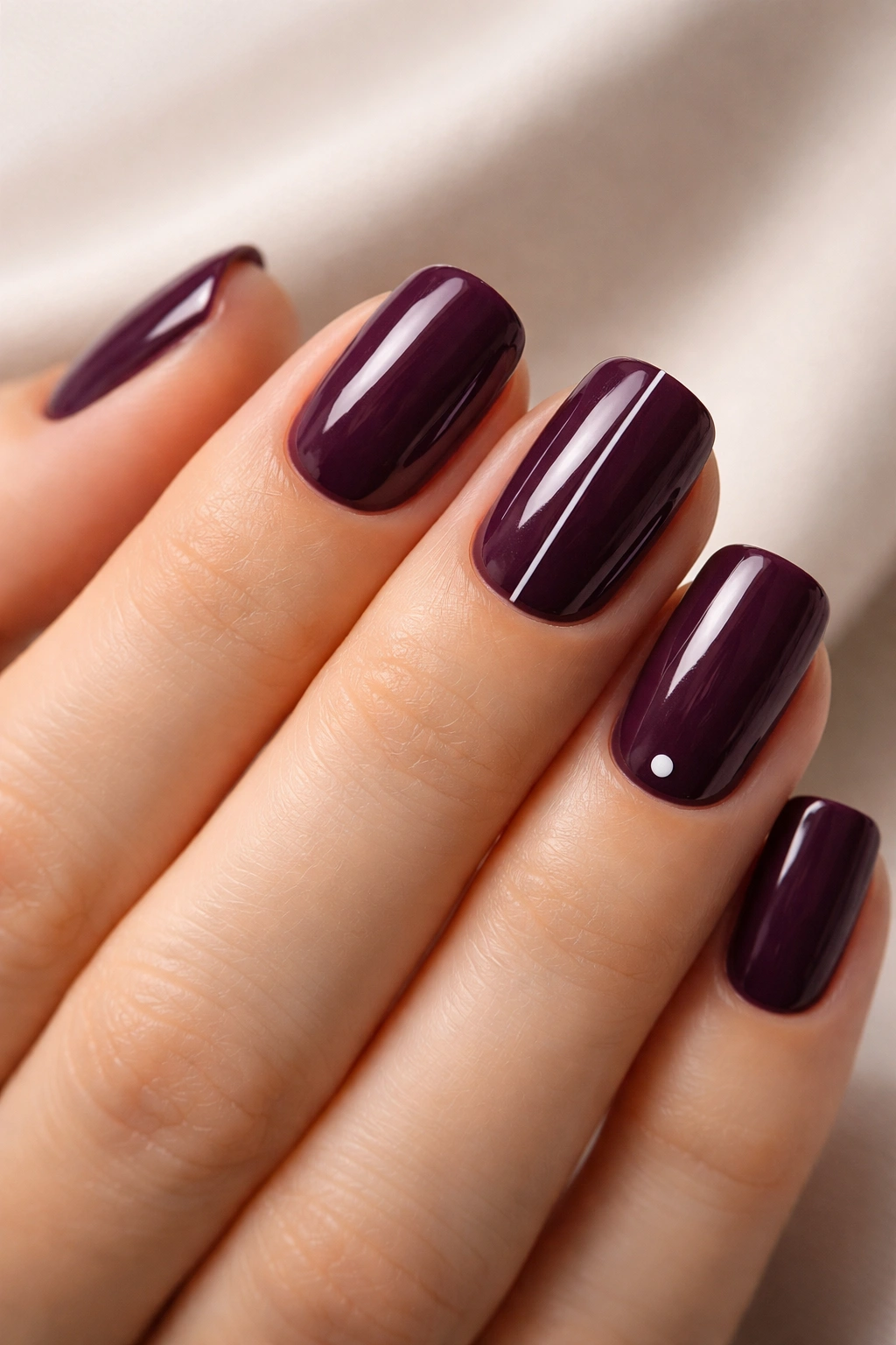 Close-up of deep plum nails with a minimalist white detail on the accent nail