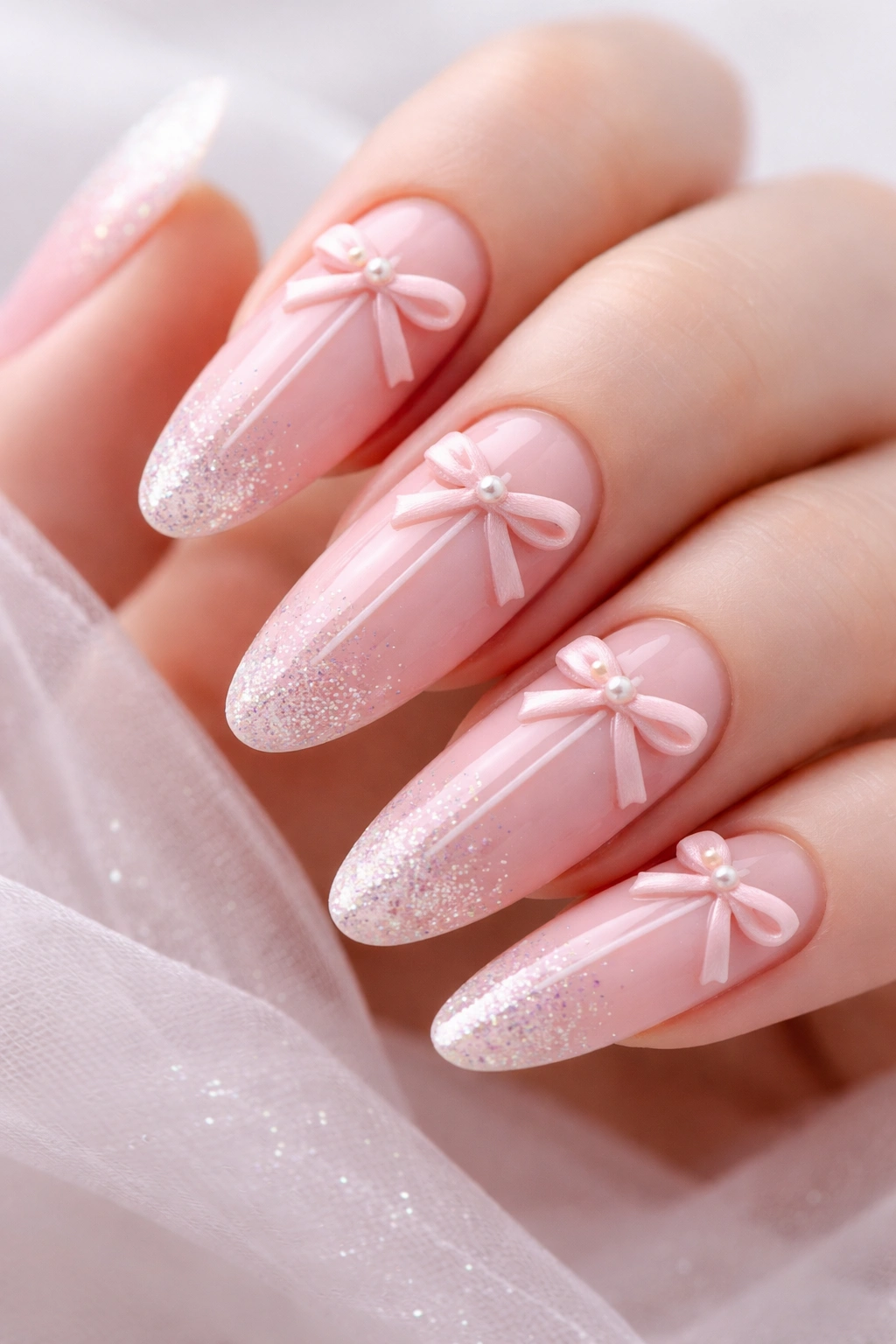 Close-up of pointe-inspired nails with soft pink bows and glitter tips.