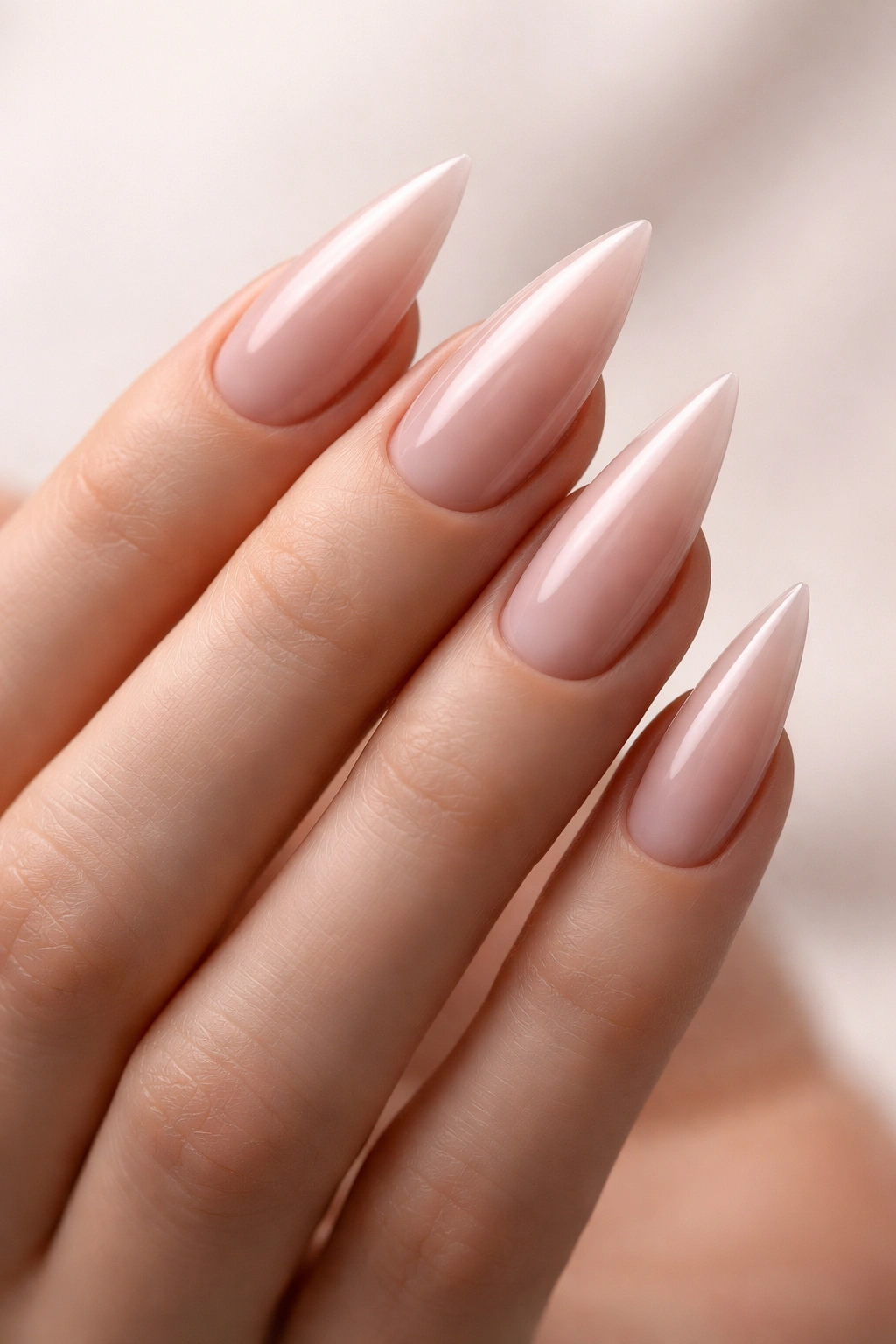 Close-up of pointed nails on a hand with a neutral background
