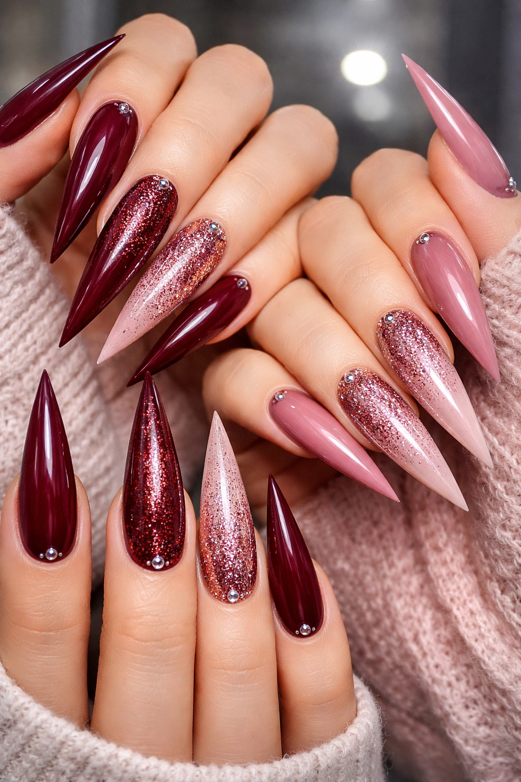 Close-up of long pointed nails in burgundy and dusty rose.