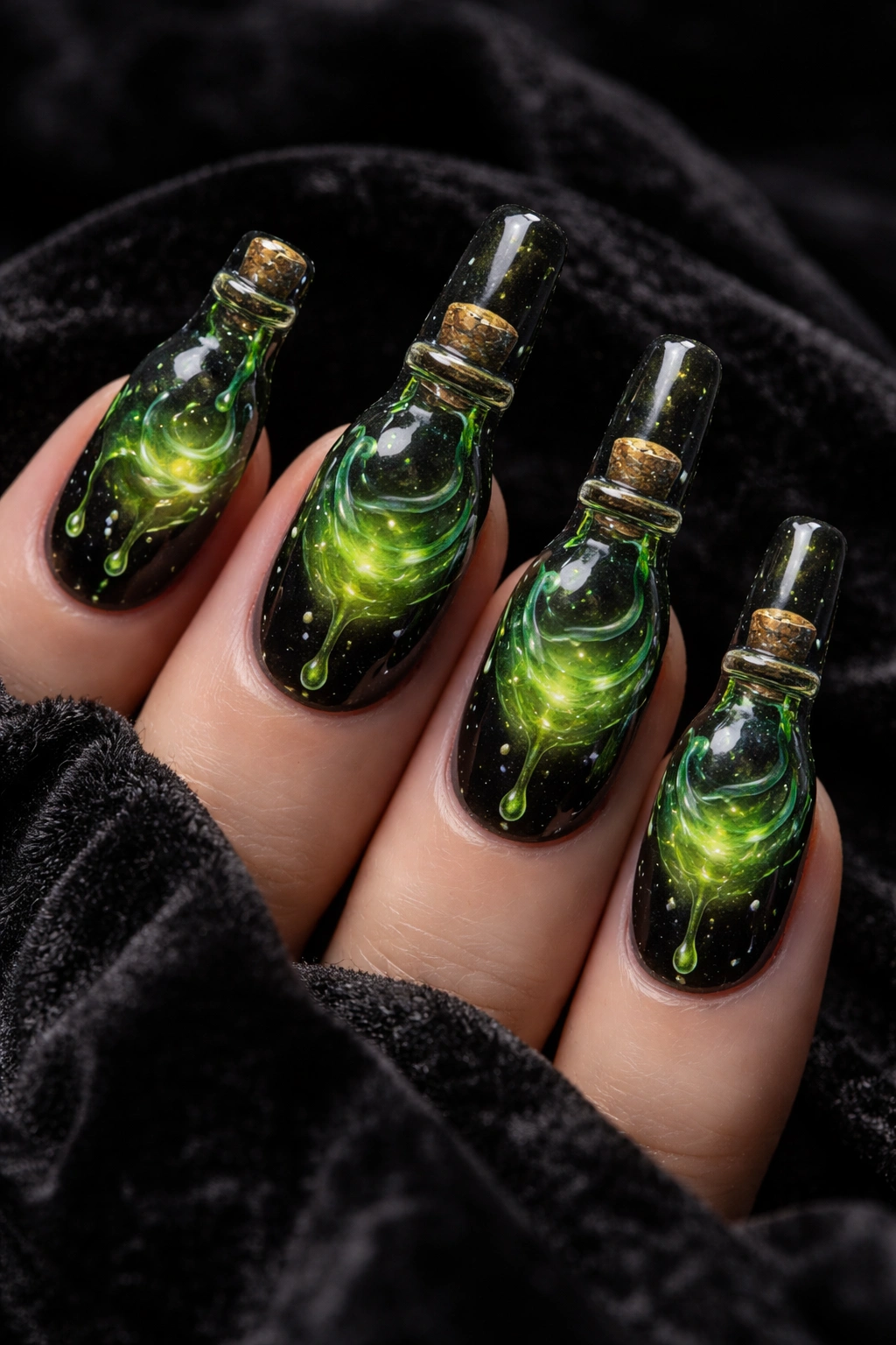 Close-up of nails with dripping poison bottle designs on a dark backdrop