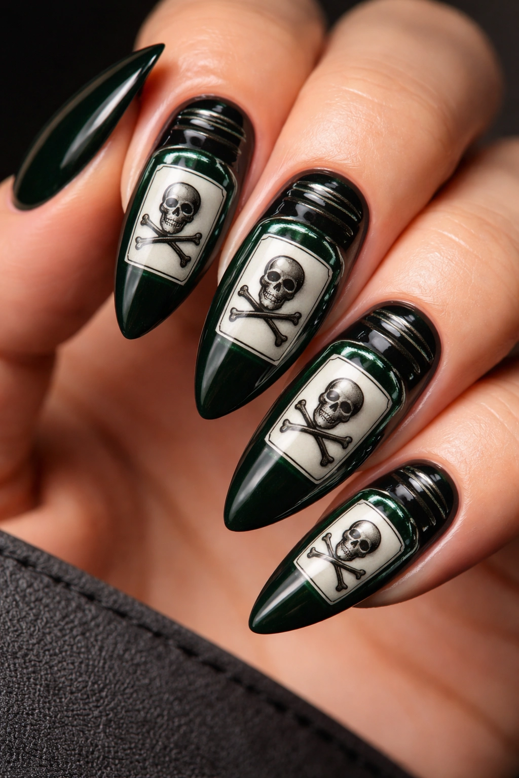Almond nail painted as poison bottle with skull and crossbones label