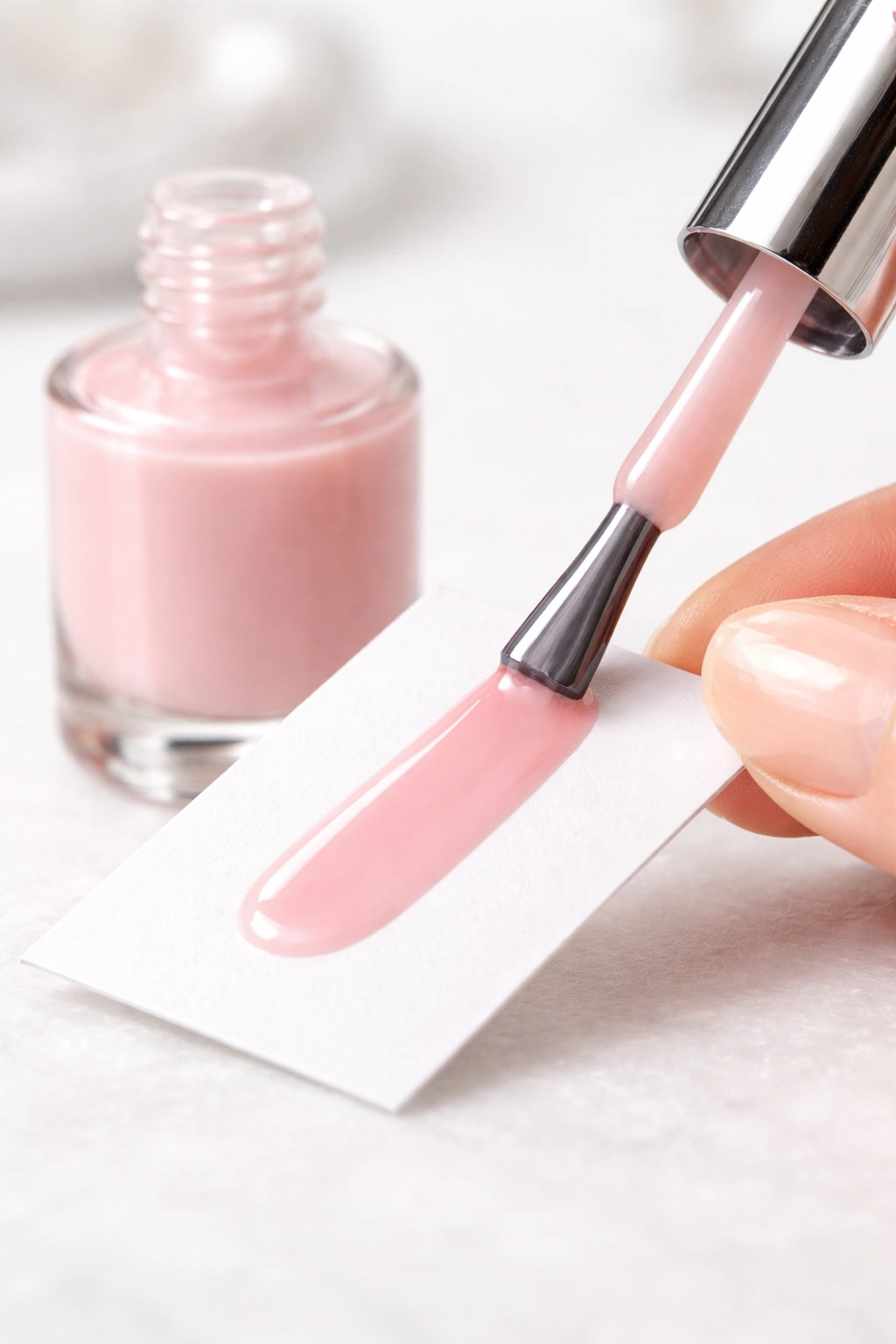 Nail polish swatch test showing smooth, even coat after thinning