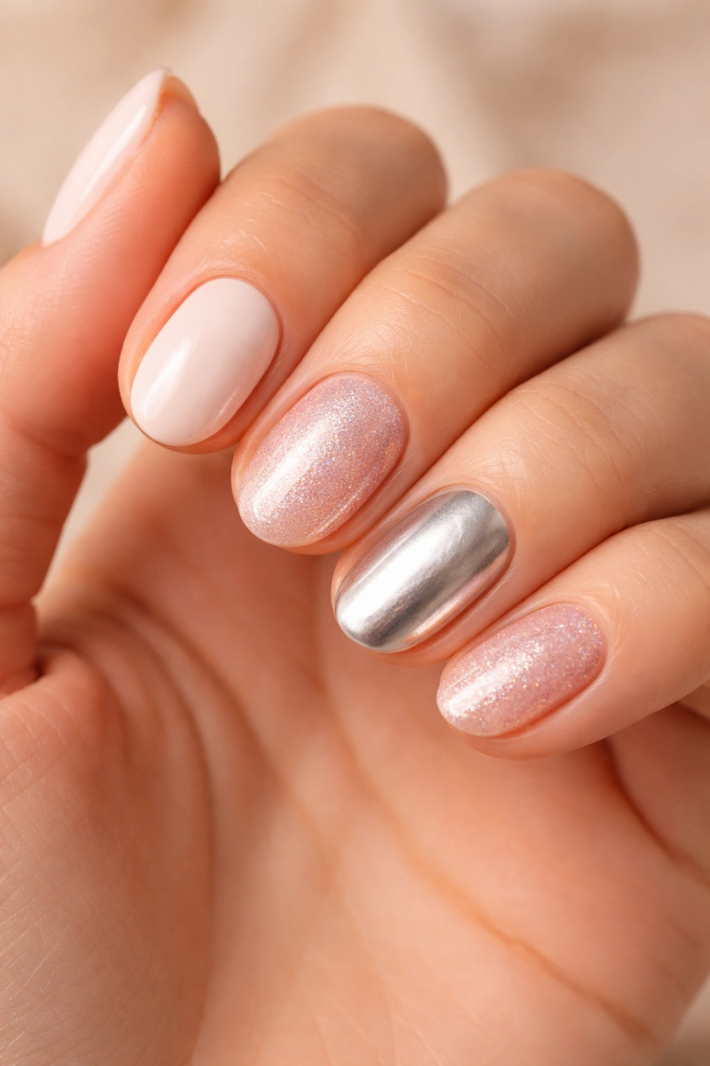 Hand with short oval nails showing multiple polish finishes