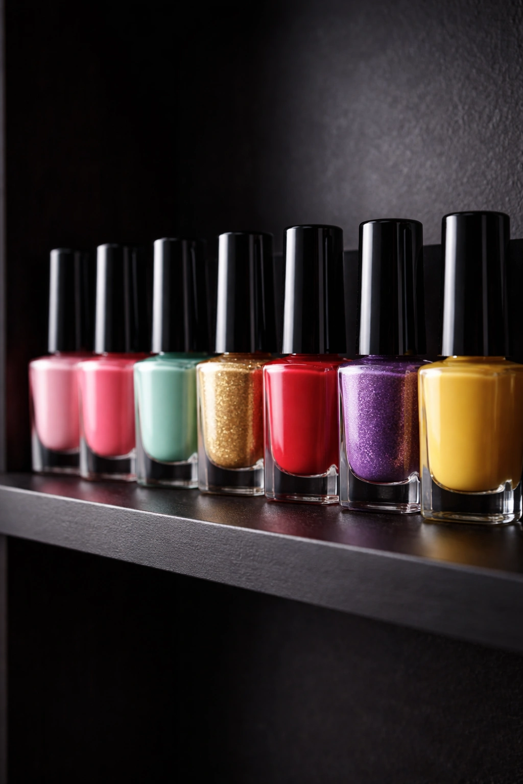 Nail polish bottles upright on a cool dark shelf to prevent thickening