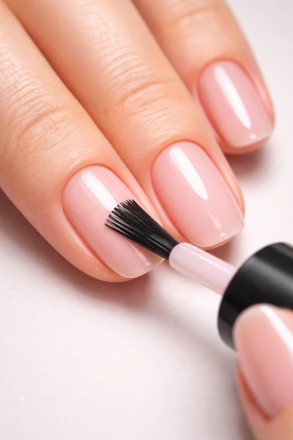 Hand applying a thin coat of nail polish with a precise brush stroke.