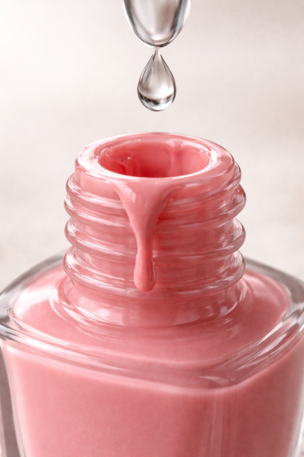 Nail polish bottle with water droplet near opening, illustrating water not to use