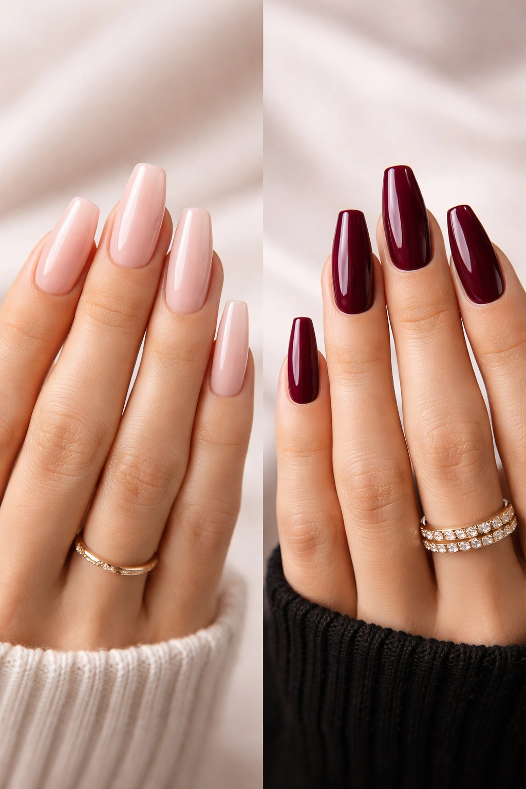 Split-view hands show polished ballerina nails vs bold coffin nails to express style
