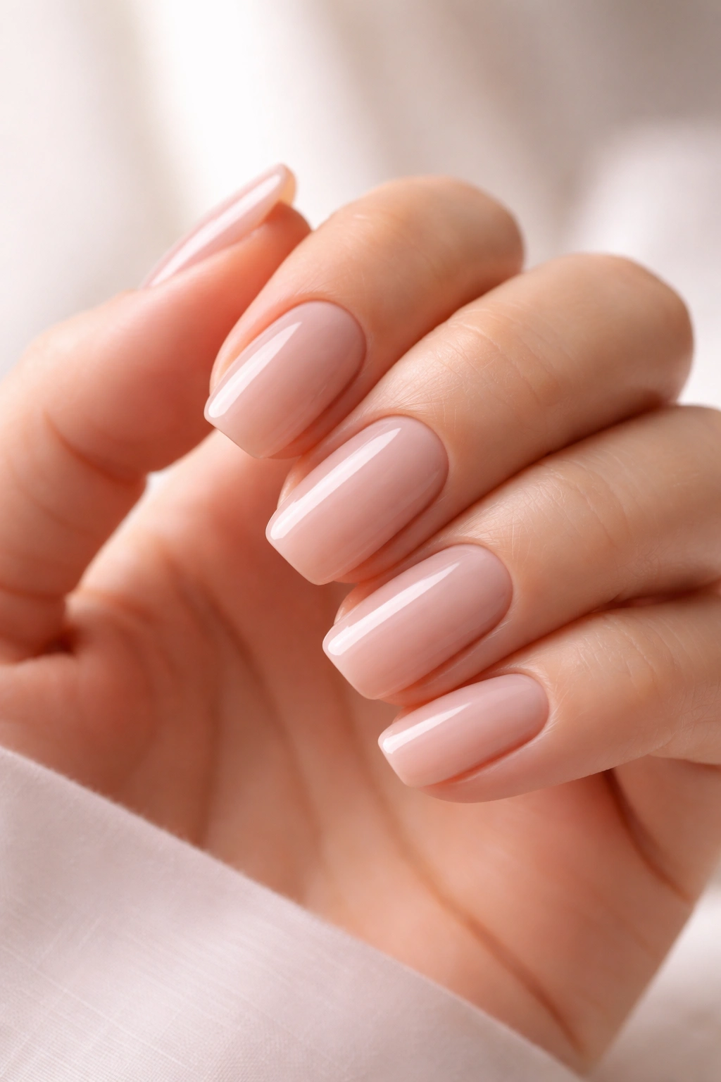 Close-up of a hand with a simple neutral polish nails on a clean background