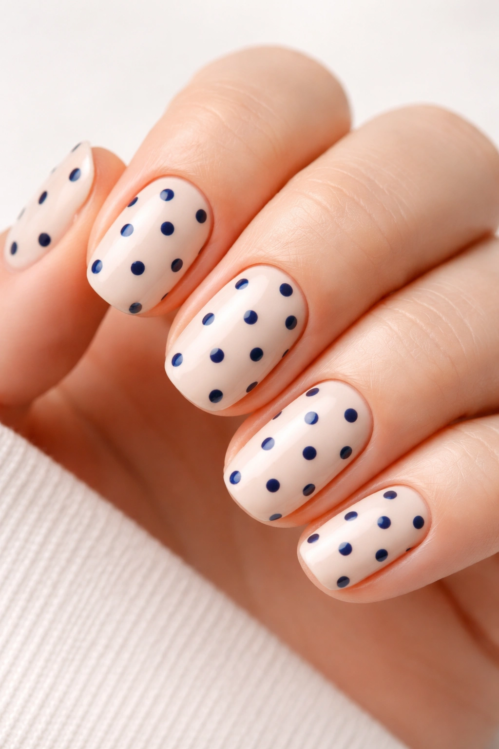 Nails with light base and navy polka dots in close-up
