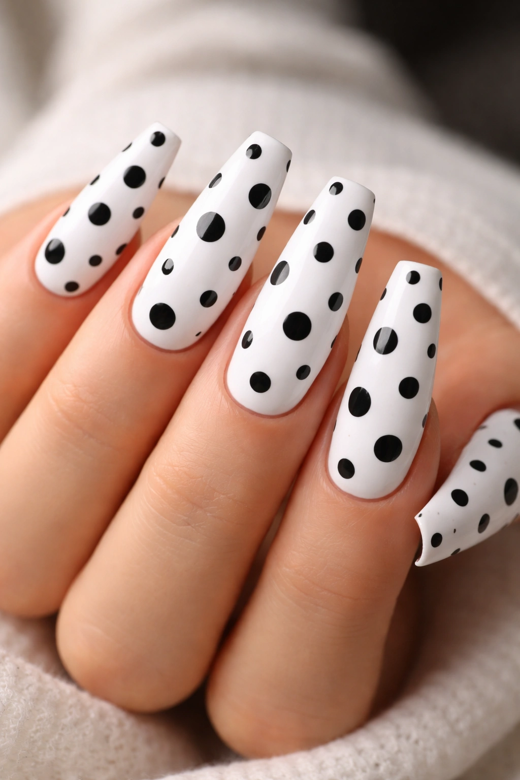 Coffin nails with black polka dots on white base