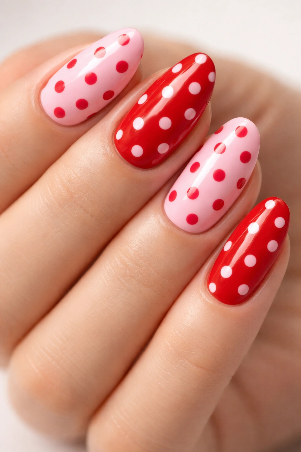 Nails with pink and red polka dots on alternating base colors
