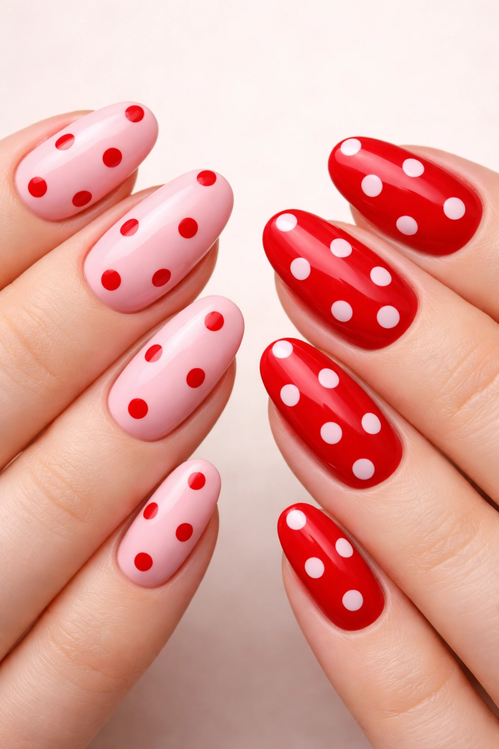 Two hands with pink nails and red polka dots and vice versa