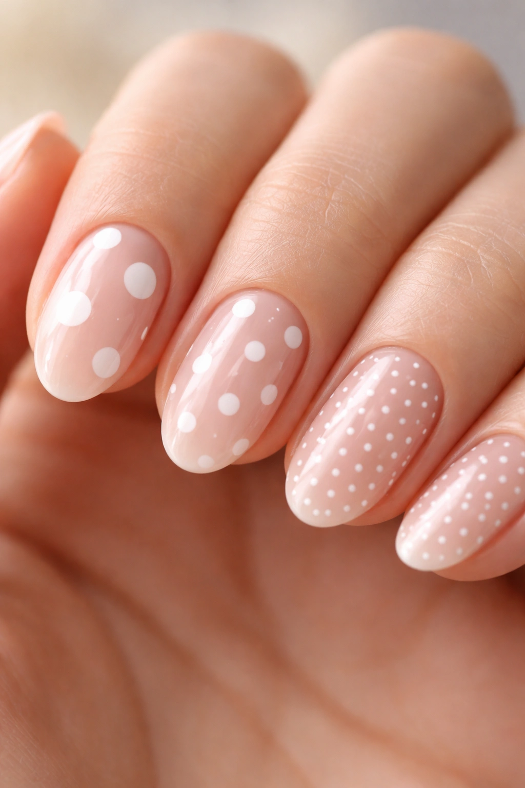 Three short almond nails showing different dot sizes and spacing