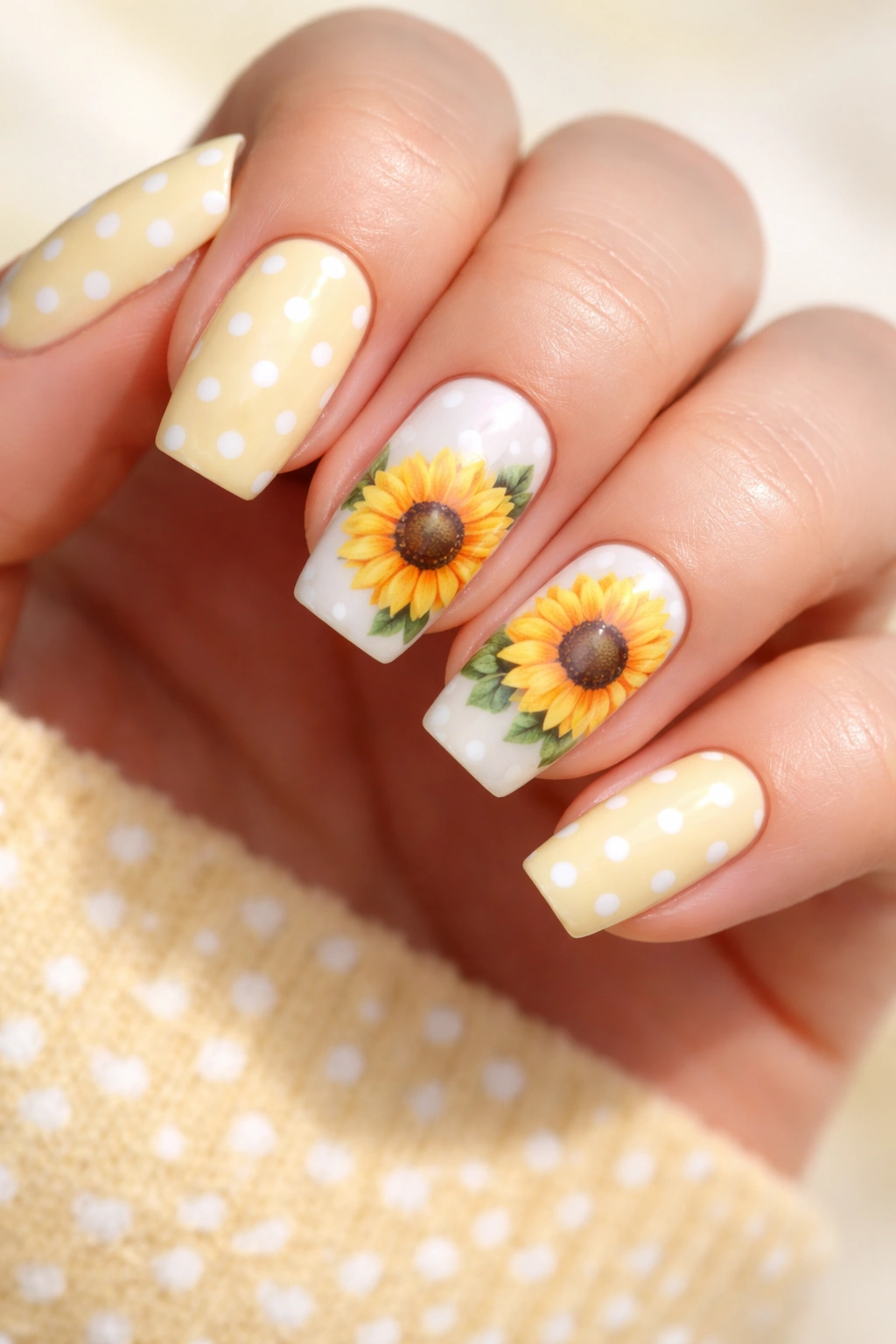 Nails with white base and polka dots, sunflower accent nails.