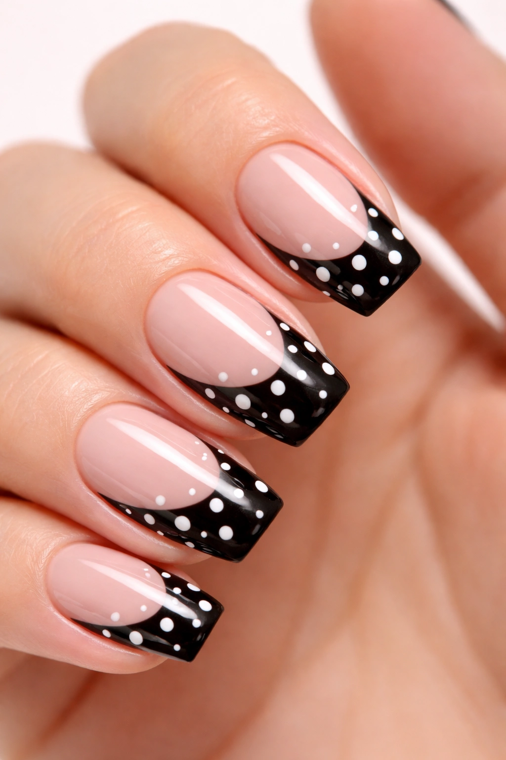 Close-up of nails with black tips and white polka dots